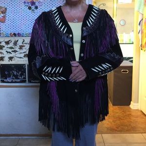 Black/Purple Suede Leather Fringe Jacket